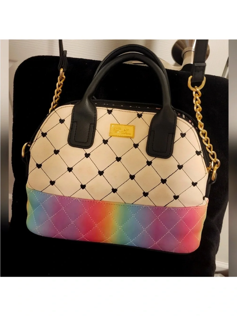 Betsey Johnson Cream Quilted Satchel with Rainbow Stripe Panel(NWOT)